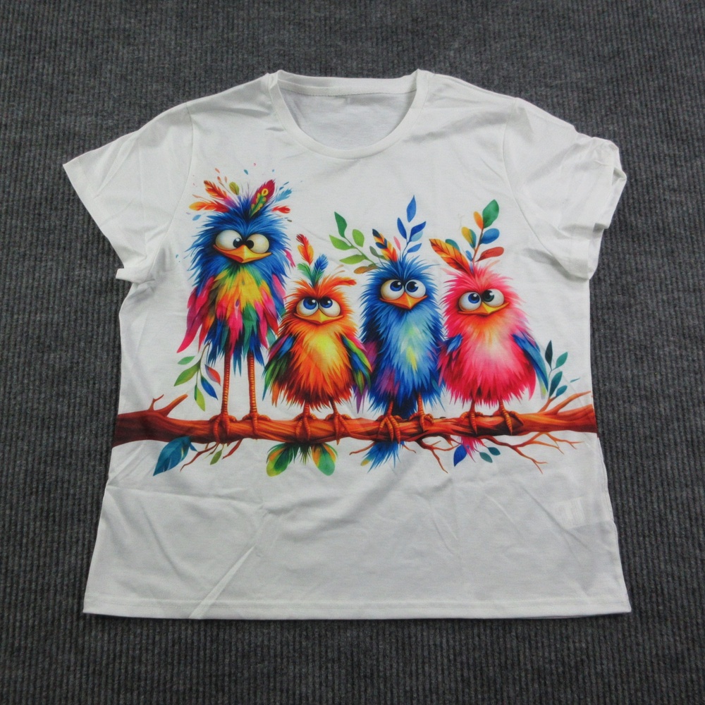 Whimsical Cartoon Birds Shirt Womens XL White Colorful Crew Neck Graphic Tee